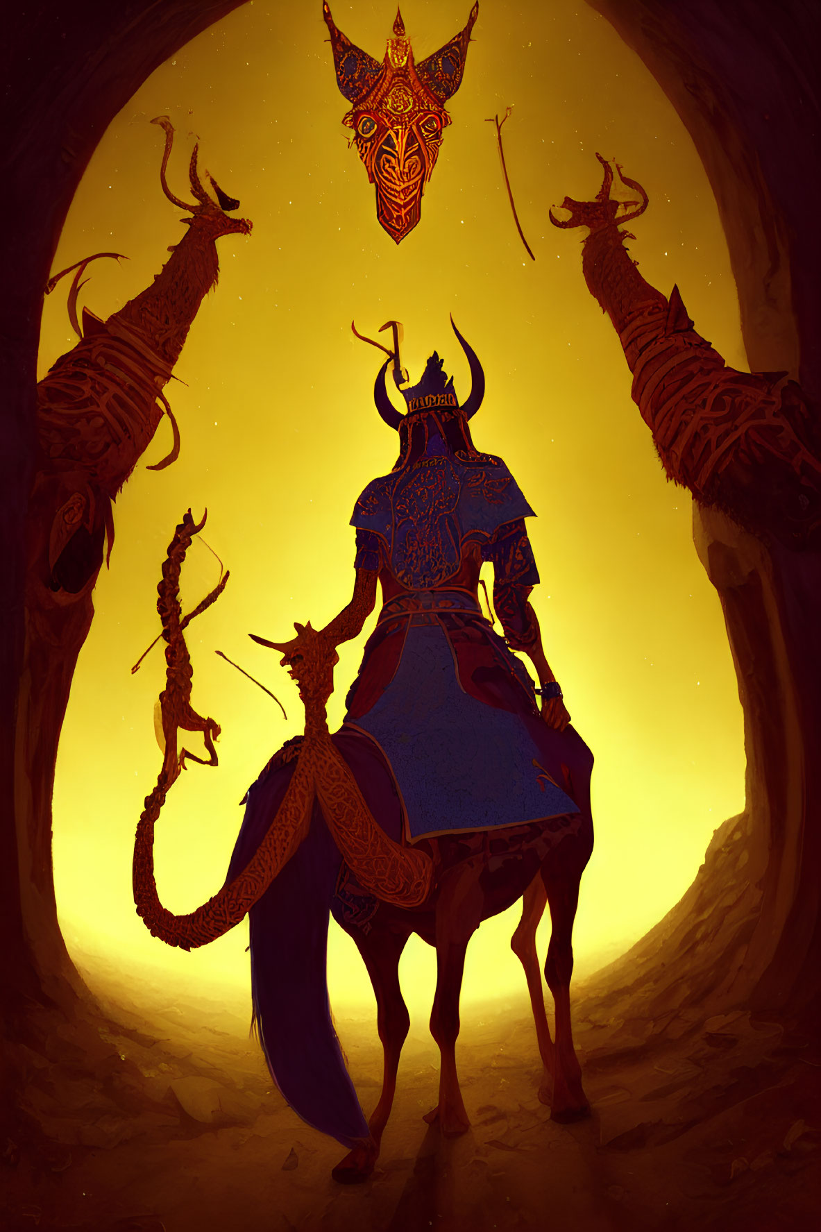 Mystical warrior with dragon mount in cave with statues