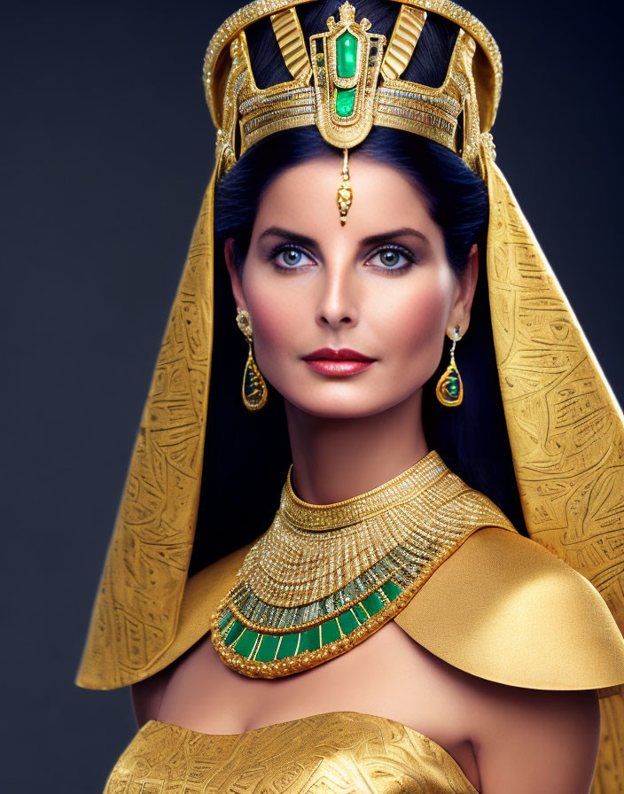 Ancient Egyptian queen with golden crown and shawl