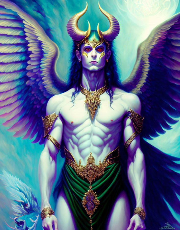 Fantastical being with white wings, horns, and golden armor on blue background