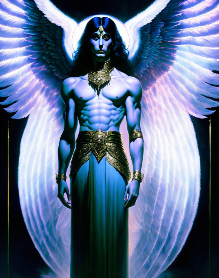 Glowing blue wings and golden jewelry on mystical figure