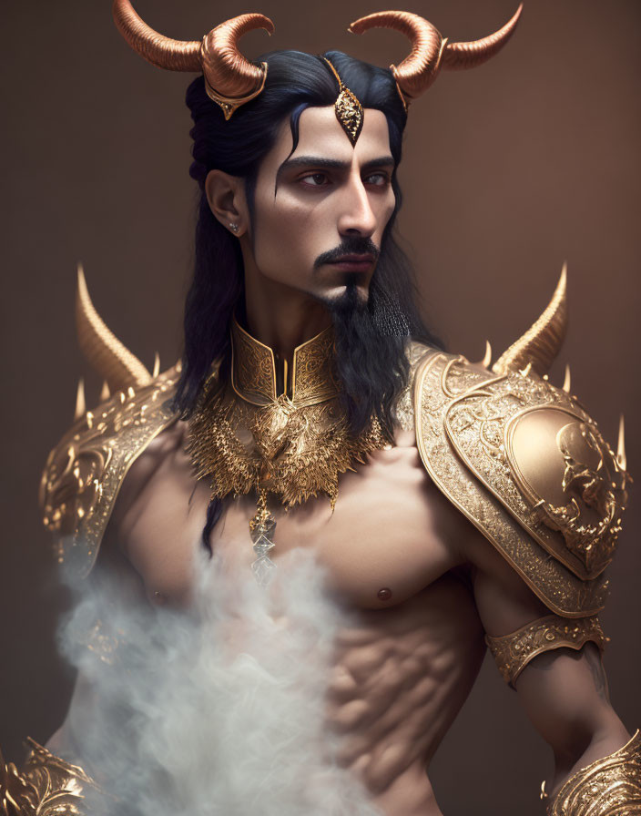 Fantasy-themed character with horns and golden armor in misty setting