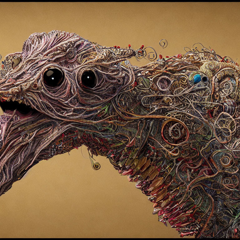 Colorful textured artwork of a fantastical creature with expressive eyes