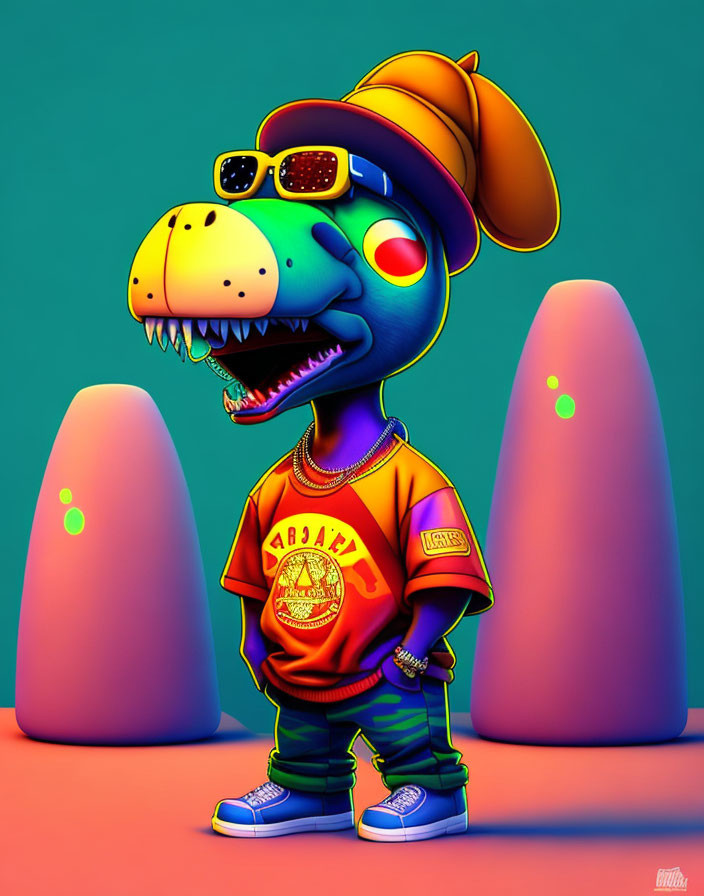 Stylized dinosaur character in urban streetwear with cap and sunglasses on teal backdrop.