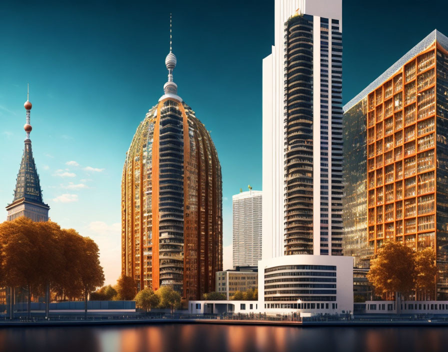 Modern skyscrapers along river under clear blue sky