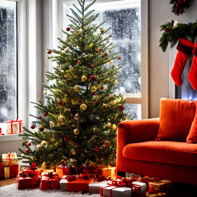 Festively Decorated Christmas Tree with Gifts and Snowy Window Scene