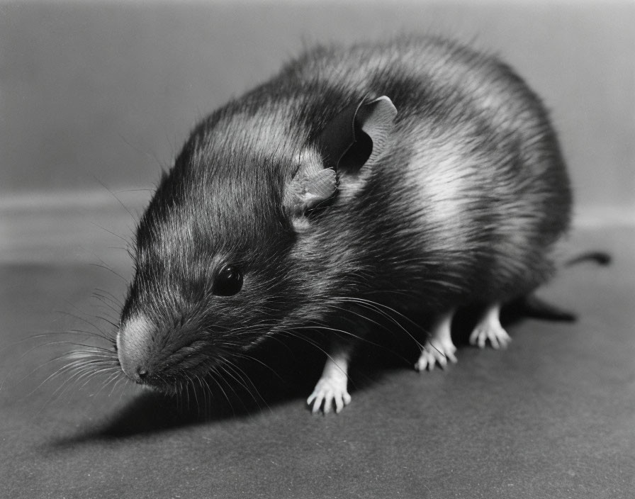 Monochrome image of a black mouse with whiskers on a sleek surface