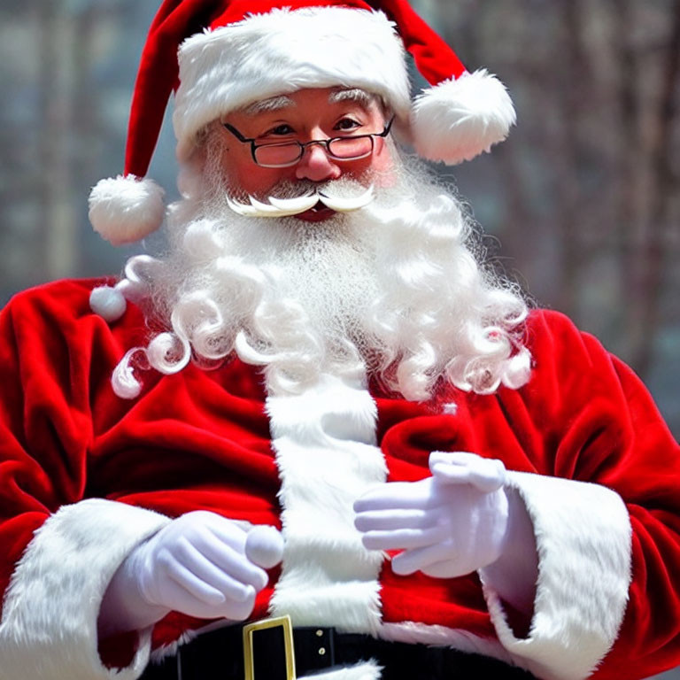 Santa Claus costume with white beard, red suit, hat, gloves, and spectacles.