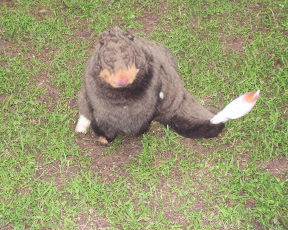 Brown fluffy animal with white-tipped tail on grassy surface