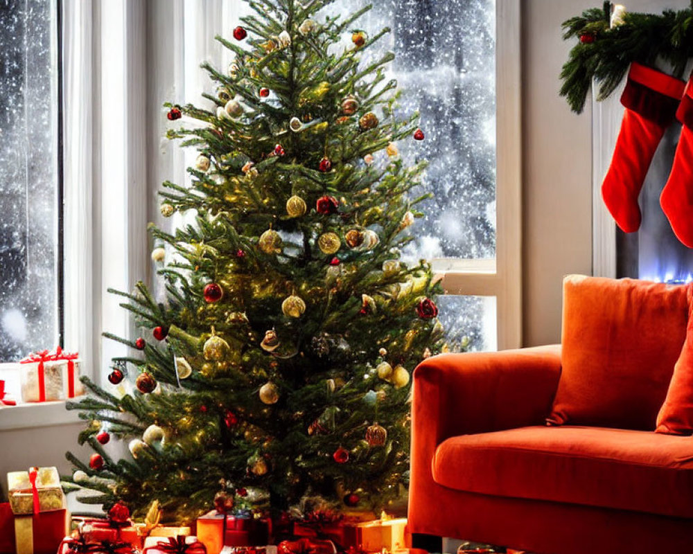 Festively Decorated Christmas Tree with Gifts and Snowy Window Scene