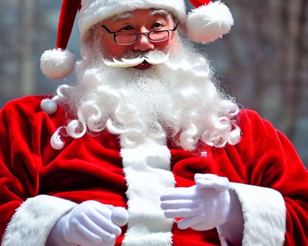 Santa Claus costume with white beard, red suit, hat, gloves, and spectacles.