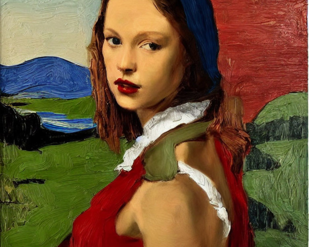 Portrait of Young Woman with Blue Headscarf and Red Cape in Landscape Setting