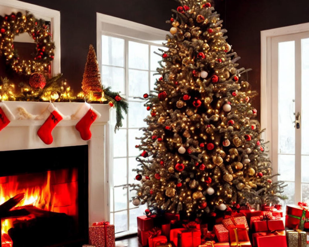 Festive Christmas scene with decorated tree, fireplace, and gifts