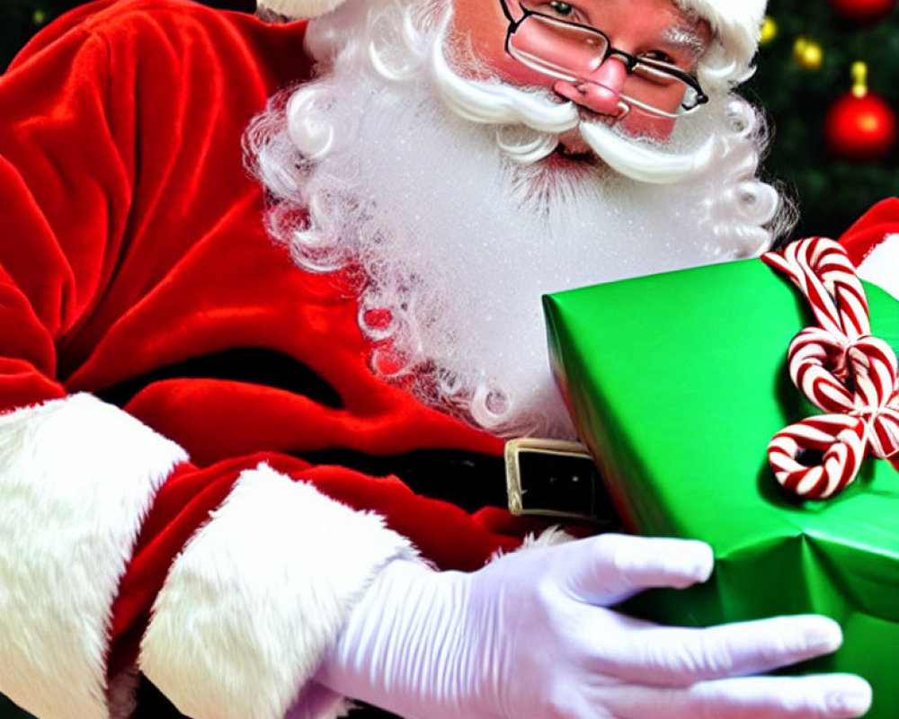 Santa Claus holding green gift in front of Christmas tree