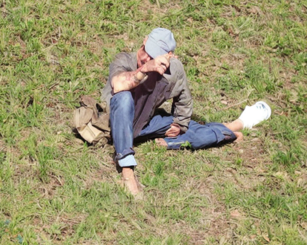 Person sitting on grass wearing cap, covering face with hand, one shoe off.