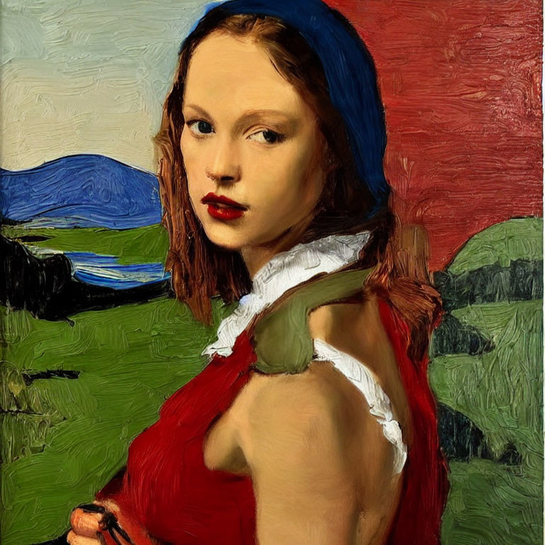 Portrait of Young Woman with Blue Headscarf and Red Cape in Landscape Setting