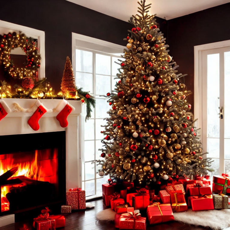 Festive Christmas scene with decorated tree, fireplace, and gifts