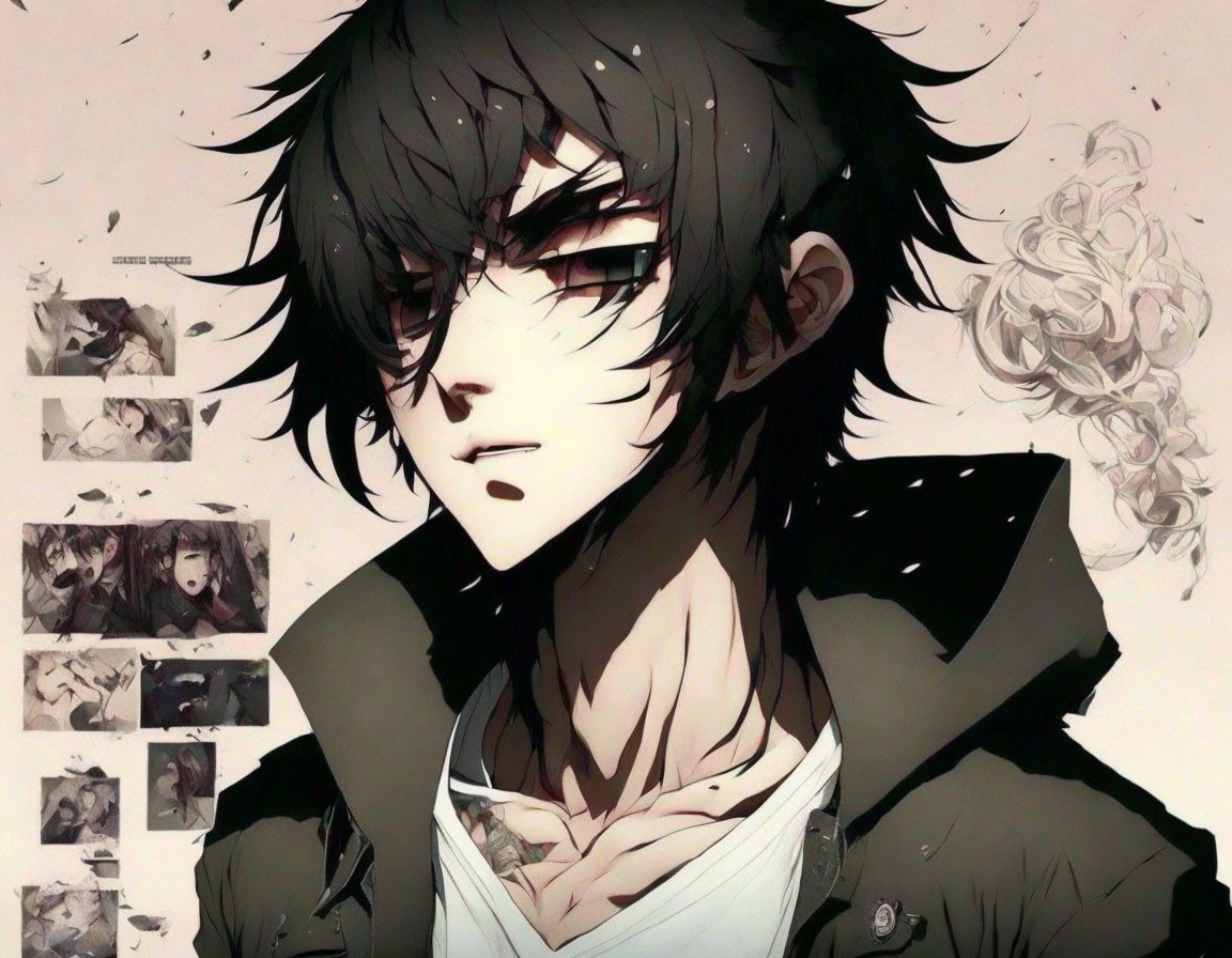 Stylized anime character with dark hair and black jacket in intense gaze surrounded by smaller images