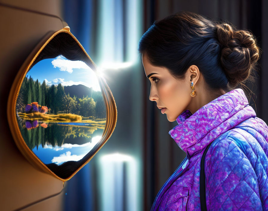 Woman in purple jacket near mirror shows scenic landscape contrast