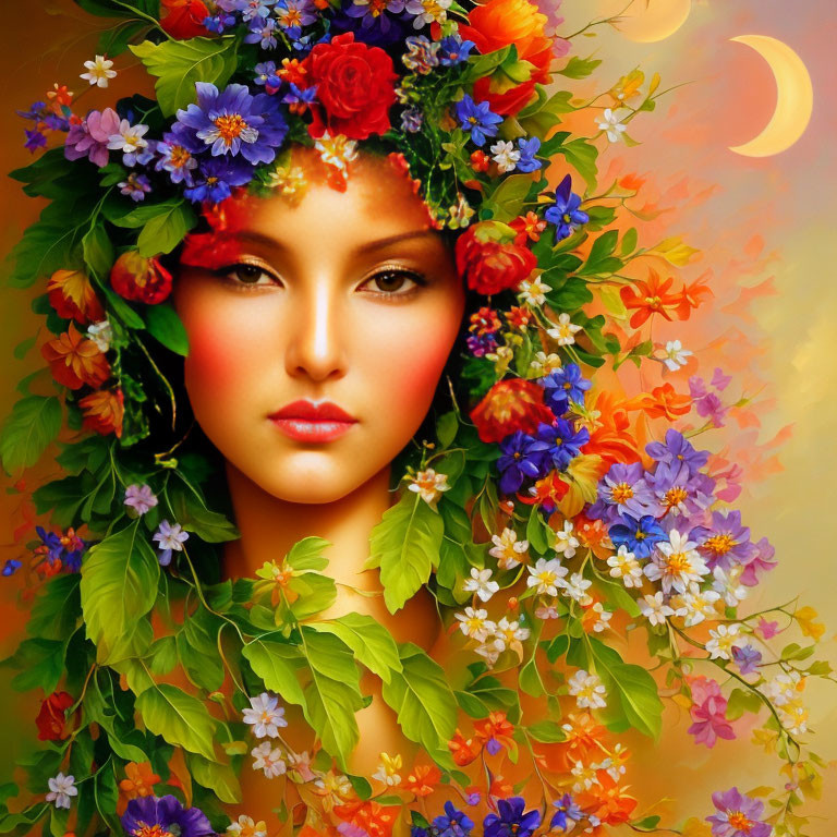 Vibrant floral headpiece on woman in autumn-themed portrait