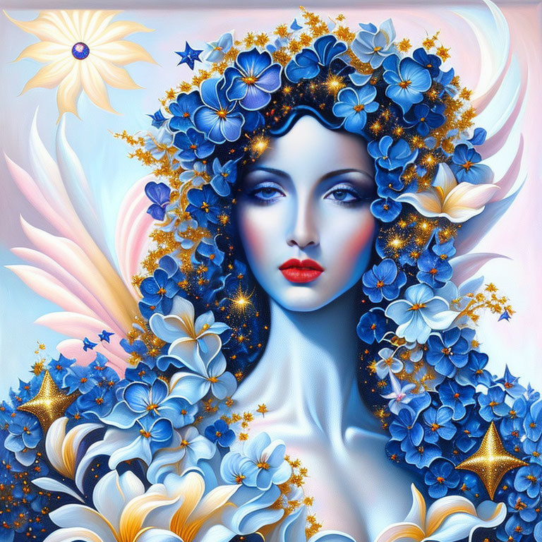 Artwork featuring woman's face with blue flowers and golden stars