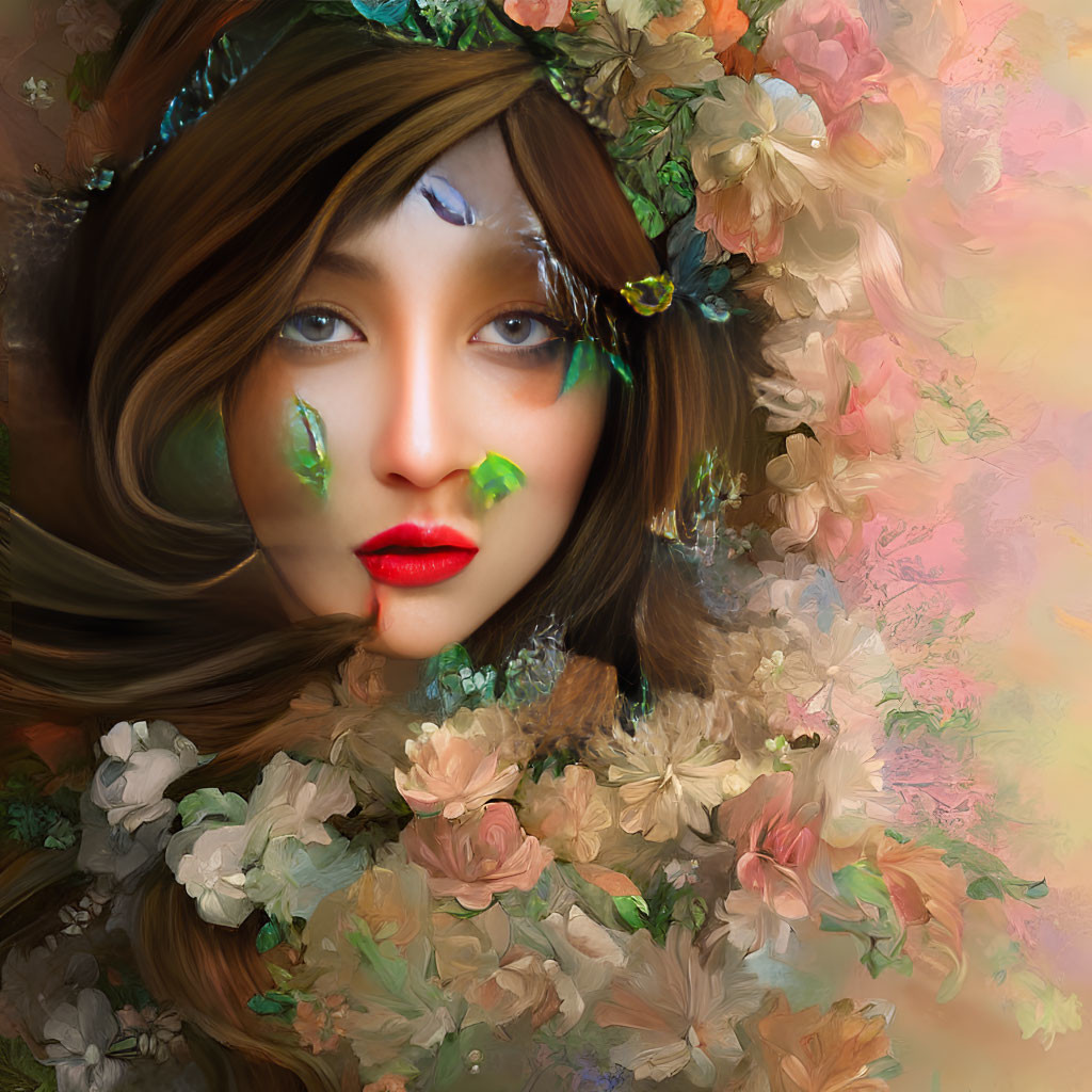 Vibrant surreal portrait of a woman with flowers and leaves in her hair