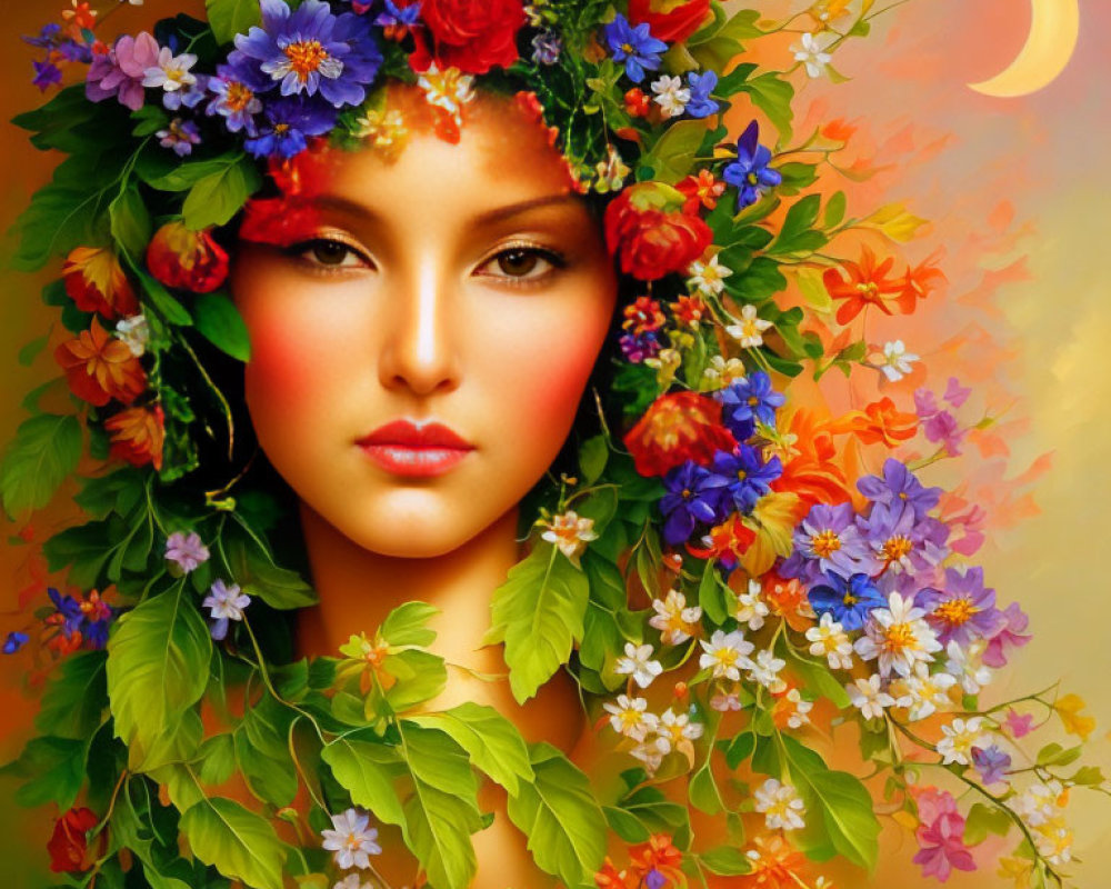 Vibrant floral headpiece on woman in autumn-themed portrait