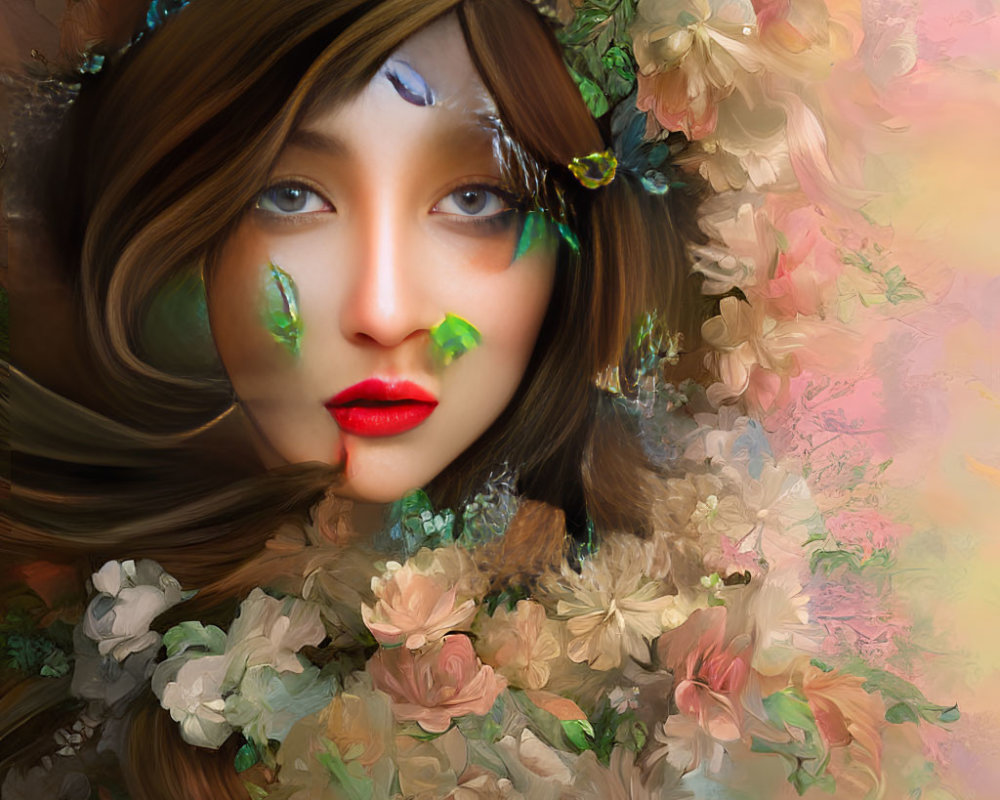 Vibrant surreal portrait of a woman with flowers and leaves in her hair