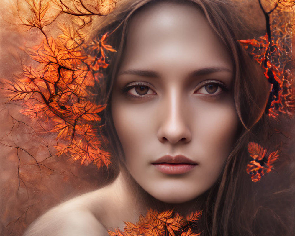 Portrait of woman with autumn leaves in hair against fiery background