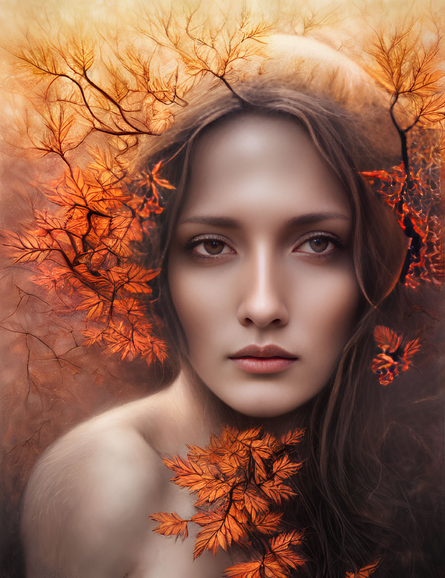 Portrait of woman with autumn leaves in hair against fiery background