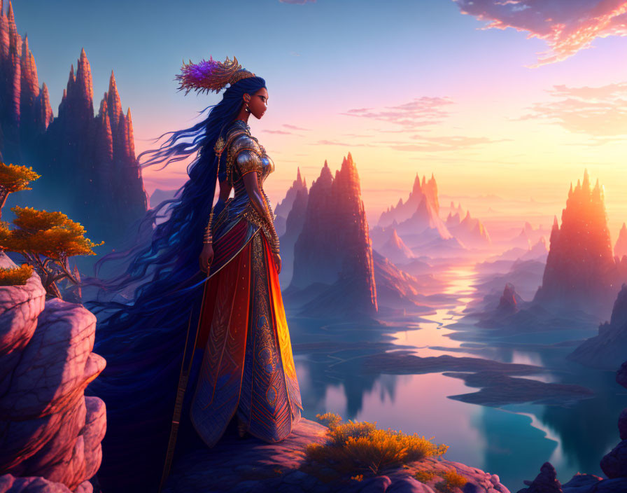 Fantasy digital artwork: Woman in elaborate attire, mystical landscape.