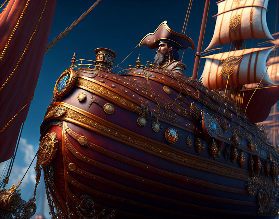 Captain in Tricorn Hat on Ornate Ship Deck with Billowing Sails