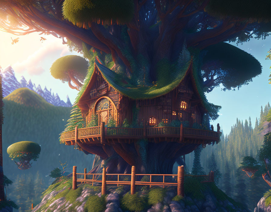 Detailed Treehouse Nestled in Forest with Mountain View at Sunset