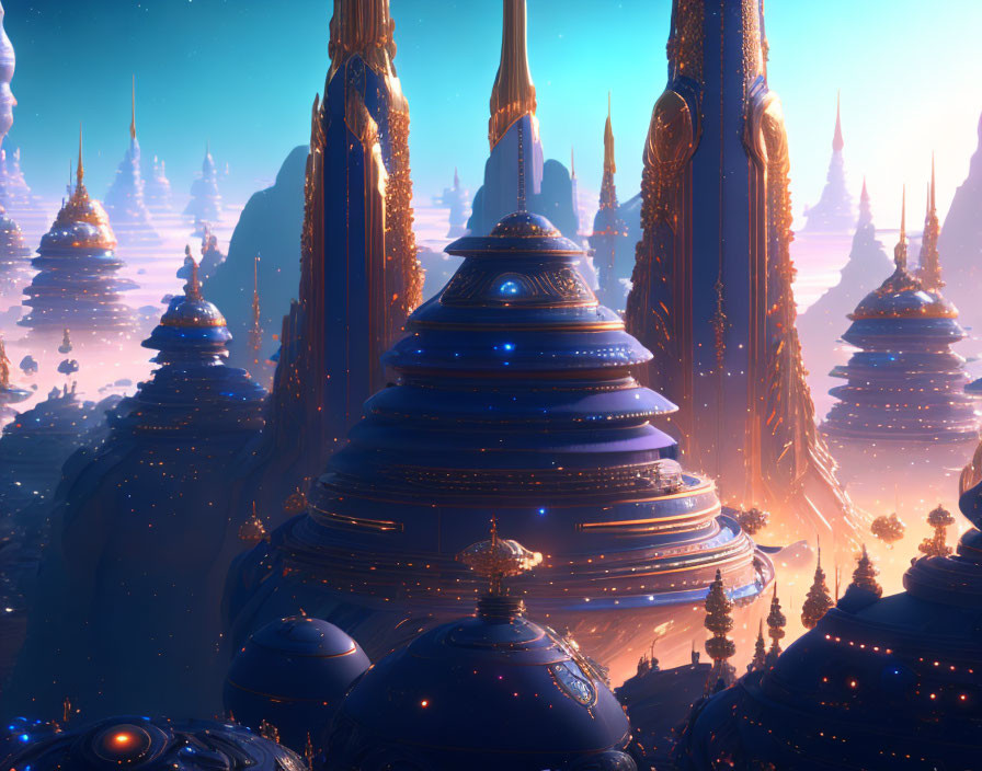 Futuristic cityscape with towering spires and domed structures