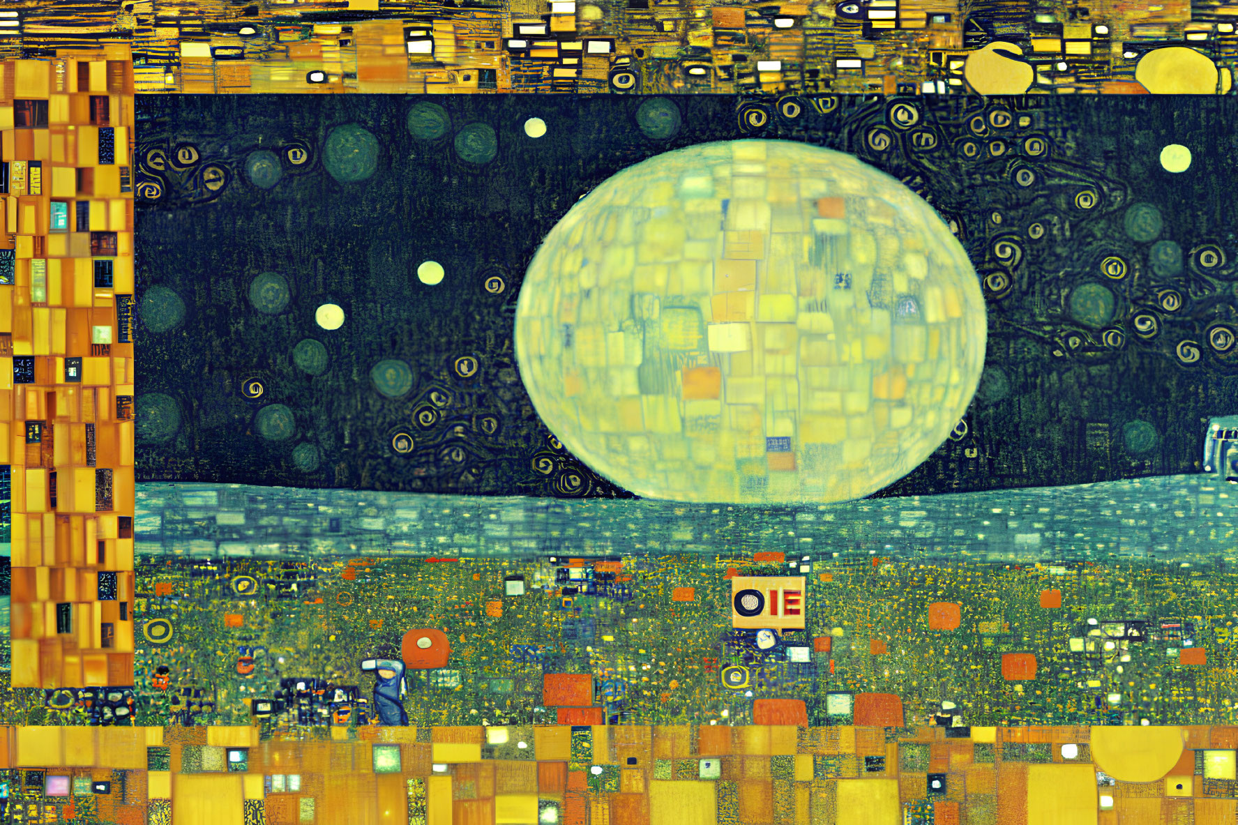 Colorful Mosaic Artwork Featuring Large Moon and Solitary Figure