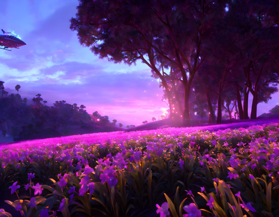 Twilight landscape with purple flowers, trees, and flying saucer