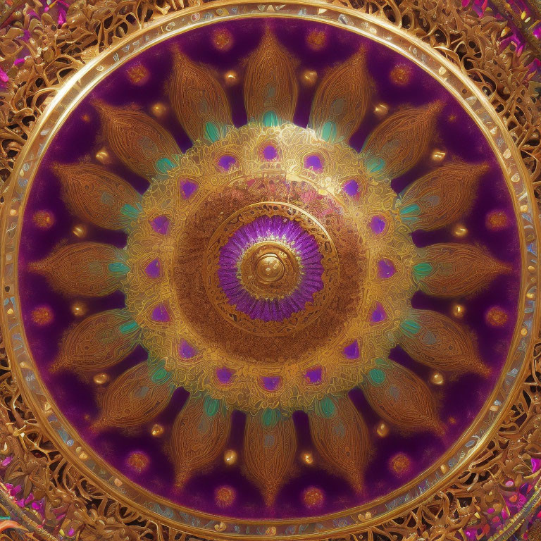 Colorful Mandala with Golden Patterns and Purple Hues