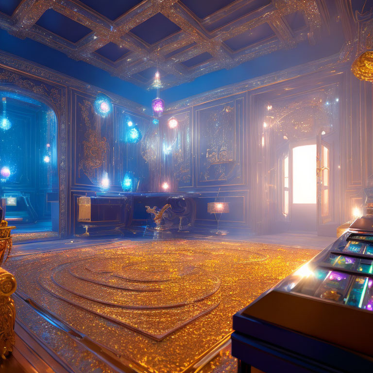 Opulent room with golden floors, blue walls, chandelier, orbs, and sunlight beams