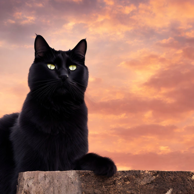 Majestic black cat with green eyes against vibrant sunset sky