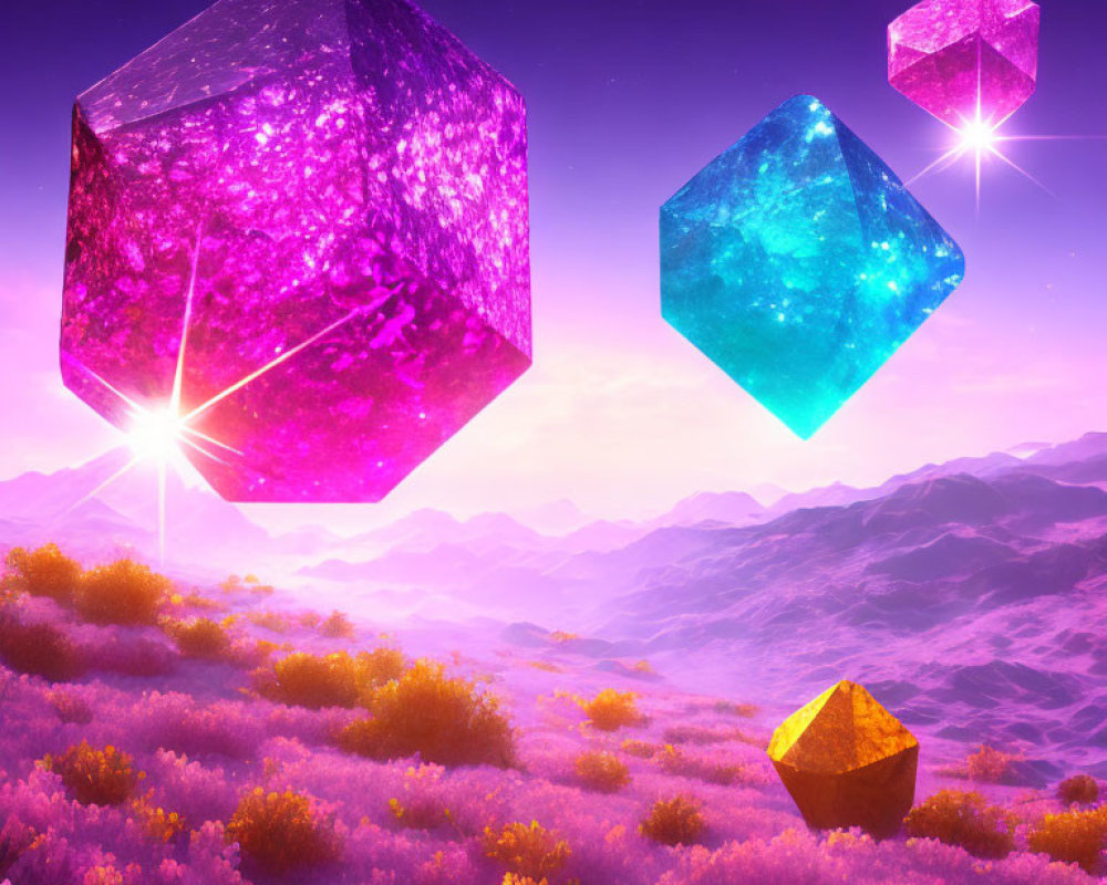 Vibrant fantasy landscape with floating crystals above purple flower fields