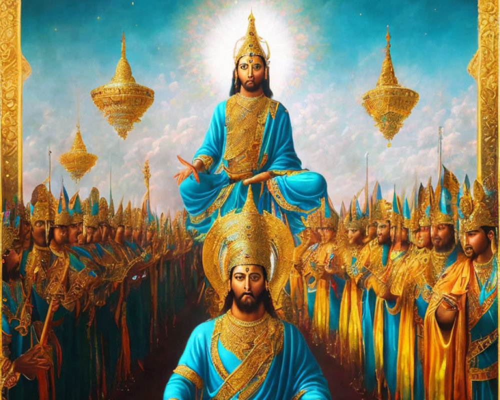 Majestic figures in traditional attire with attendants on celestial backdrop