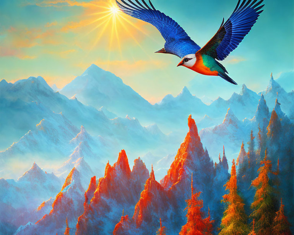 Vibrant bird soaring above sunlit autumn mountains