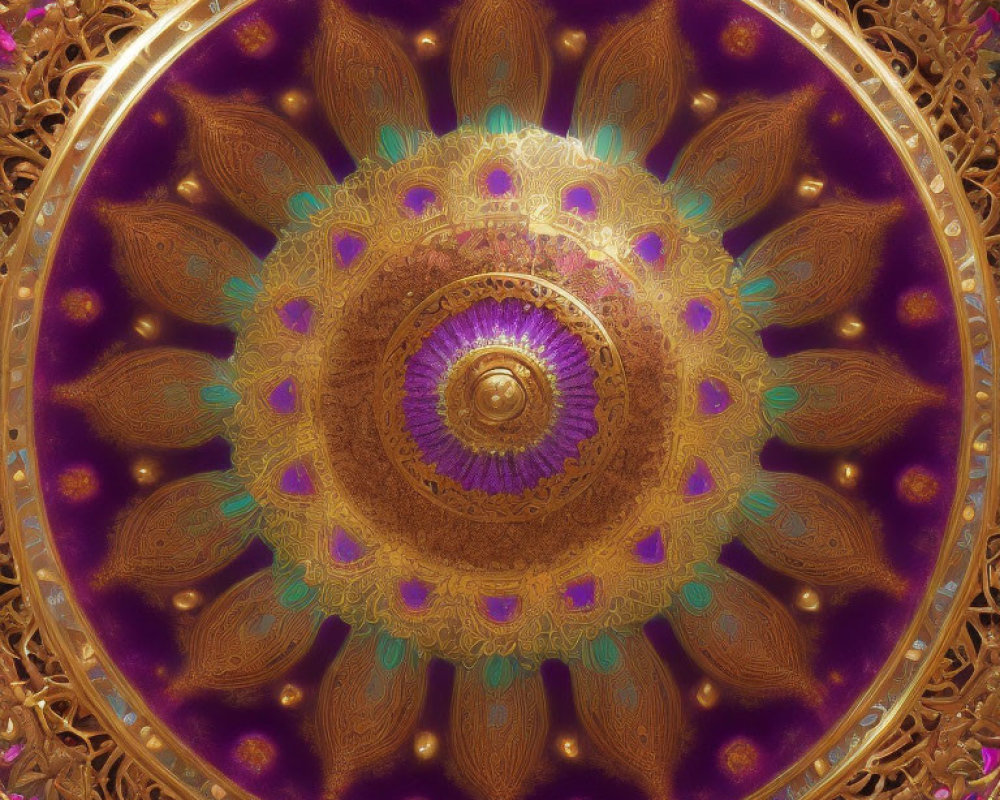 Colorful Mandala with Golden Patterns and Purple Hues