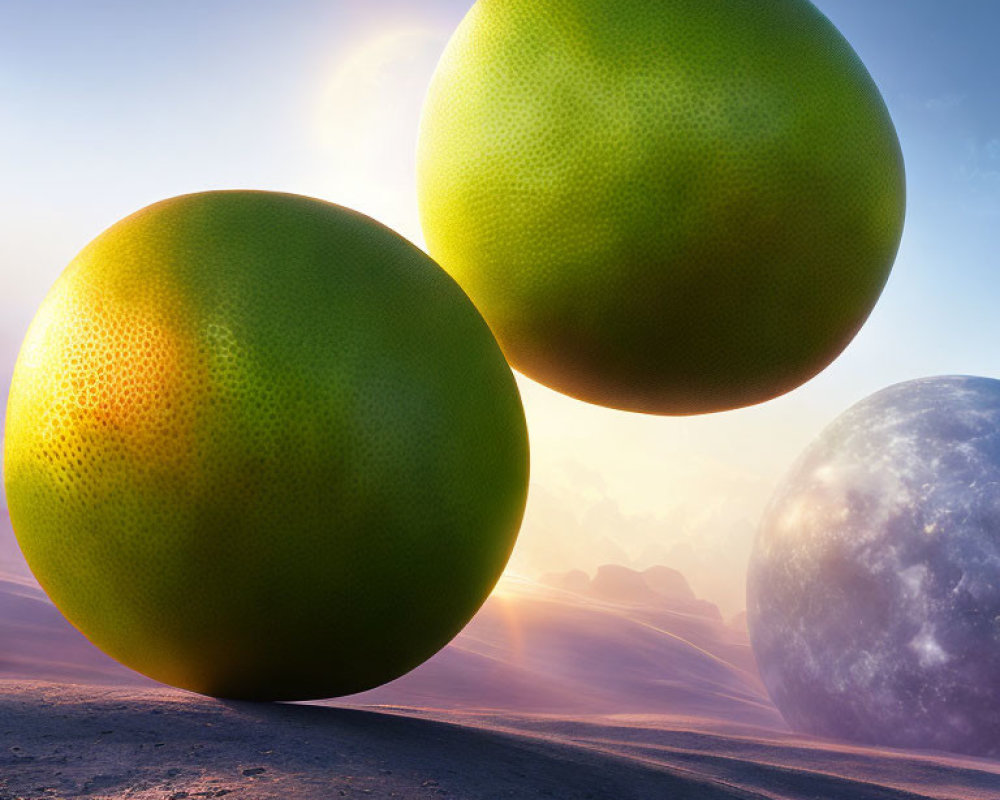 Surreal desert landscape with giant lime-like spheres and oversized moon