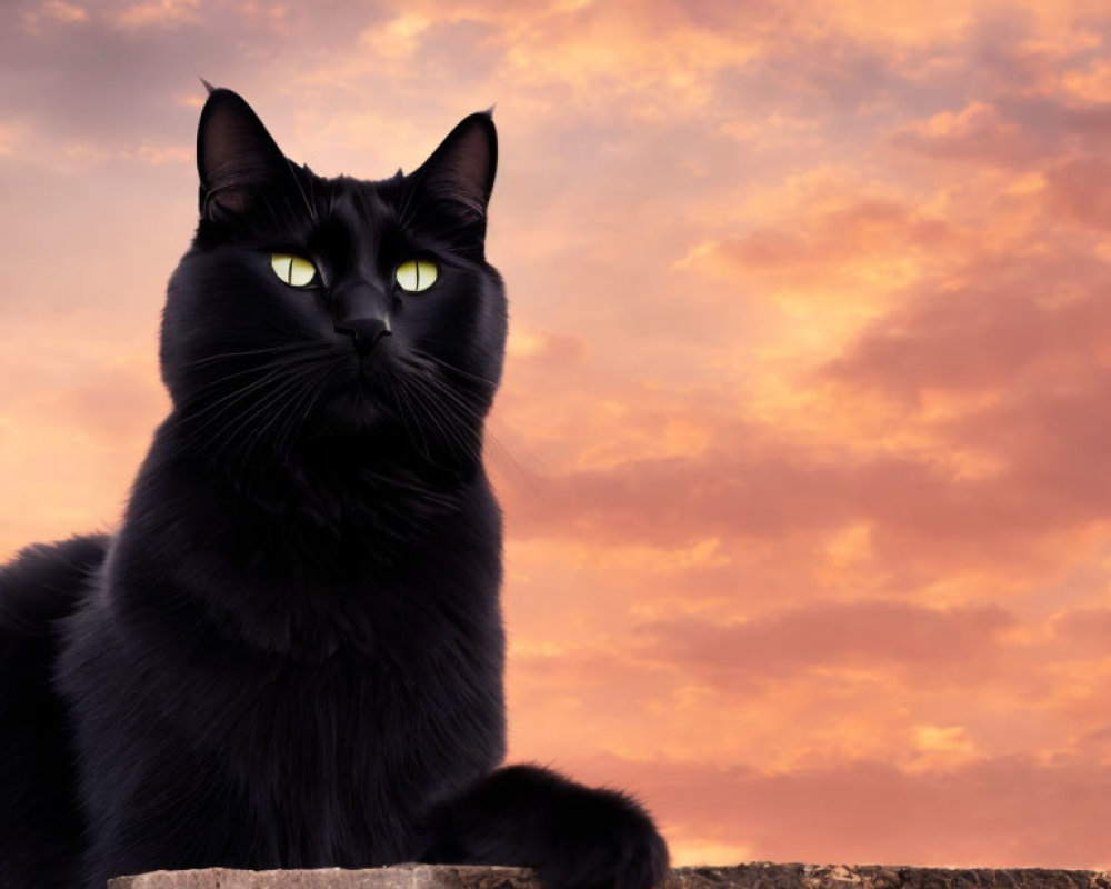 Majestic black cat with green eyes against vibrant sunset sky