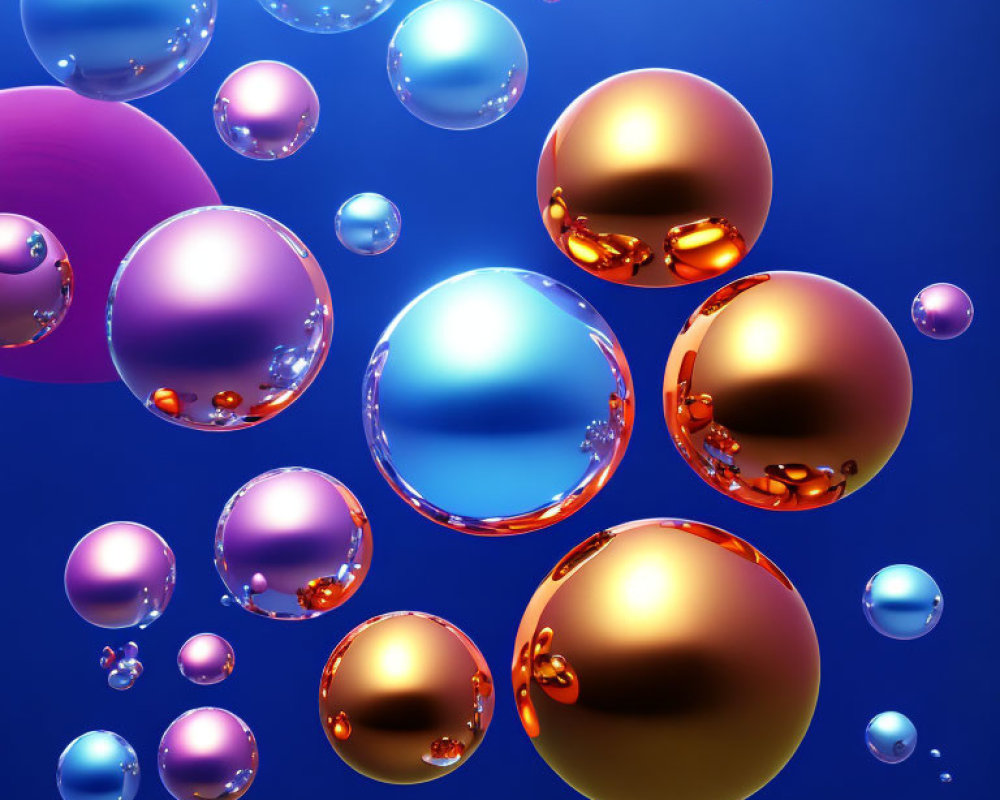 Vibrant metallic bubbles on blue gradient with orange reflections