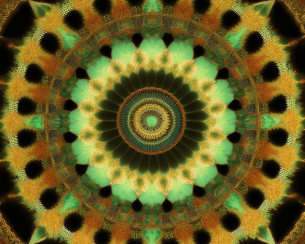 Symmetric Mandala Fractal Pattern in Green and Brown Gradient