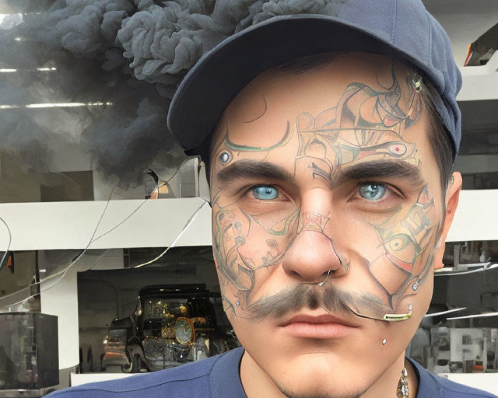 Simulated face tattoo and piercing on person wearing cap with smoke plume