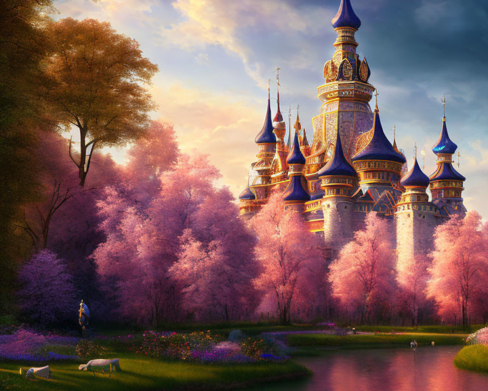 Majestic fairytale castle with pink trees, purple sky, river, character, and sw