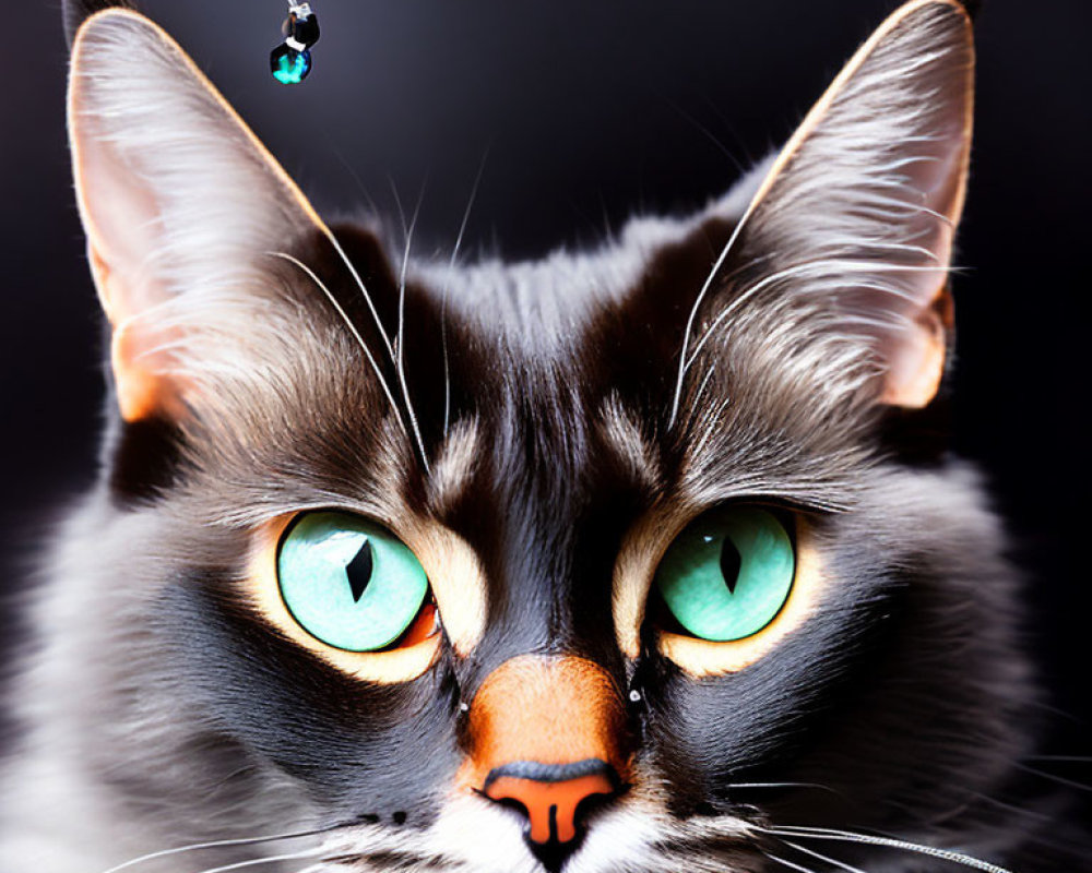 Striking green-eyed cat with black and gray coat on dark background