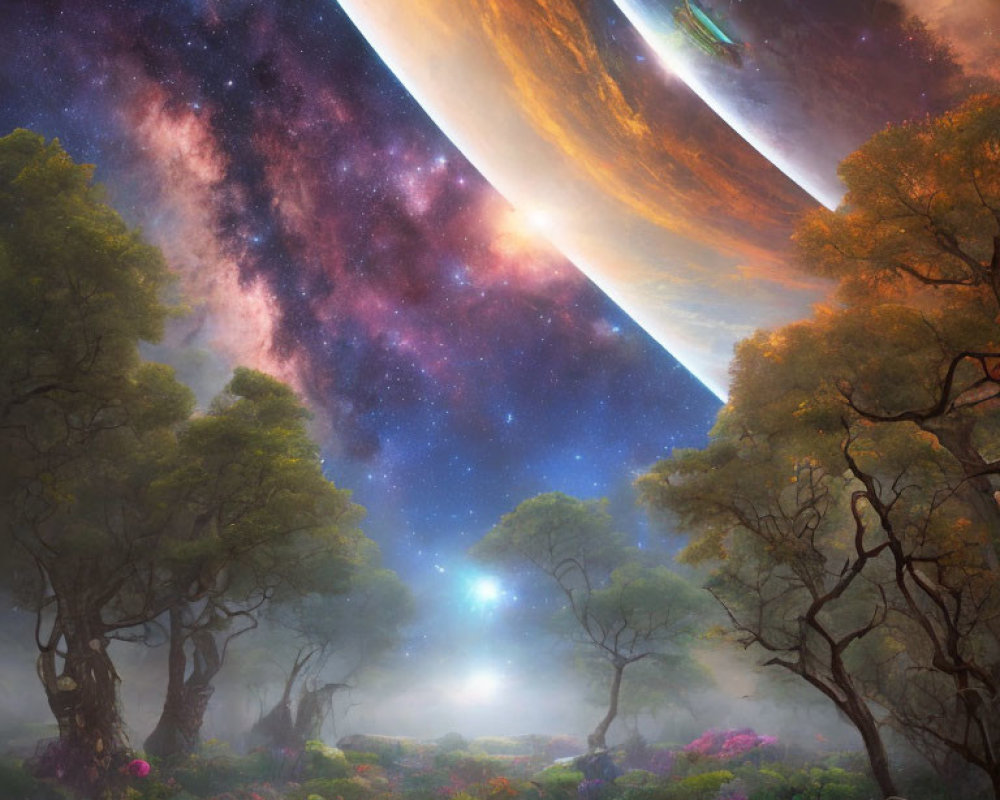 Vibrant flower-filled forest merges with cosmic scene